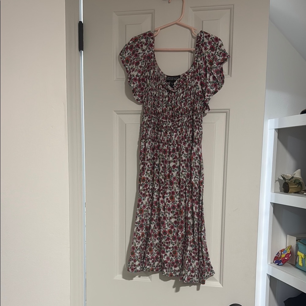Girls Smocked Floral Print Dress with Ruffled Sleeves
